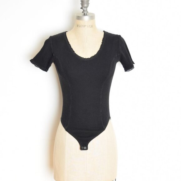 vintage 90s bodysuit top black waffle knit grunge goth stretch tee M - Picture 1 of 8